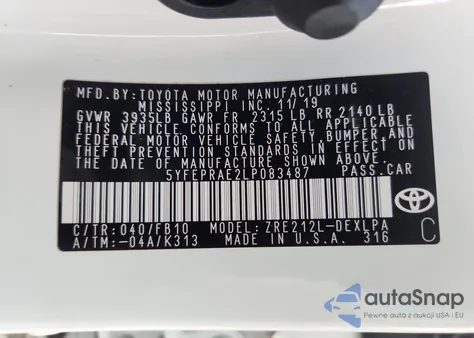 2020 Toyota Corolla Le из США, поврежденный, VIN 5YFEPRAE2LP083487